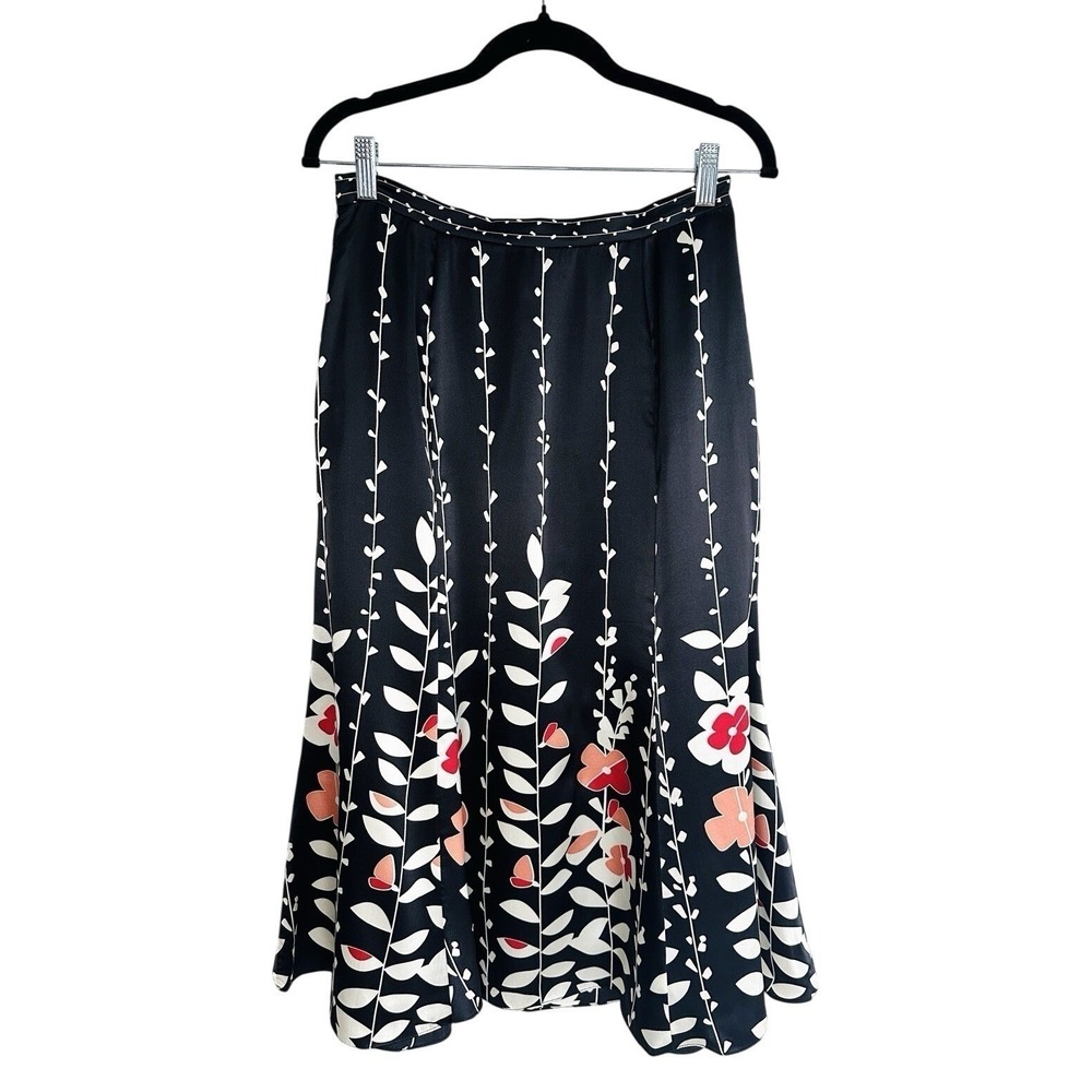 VTG Talbots 100% Pure Silk‎ Floral Midi Skirt Size 6 Black Pink White Botanical